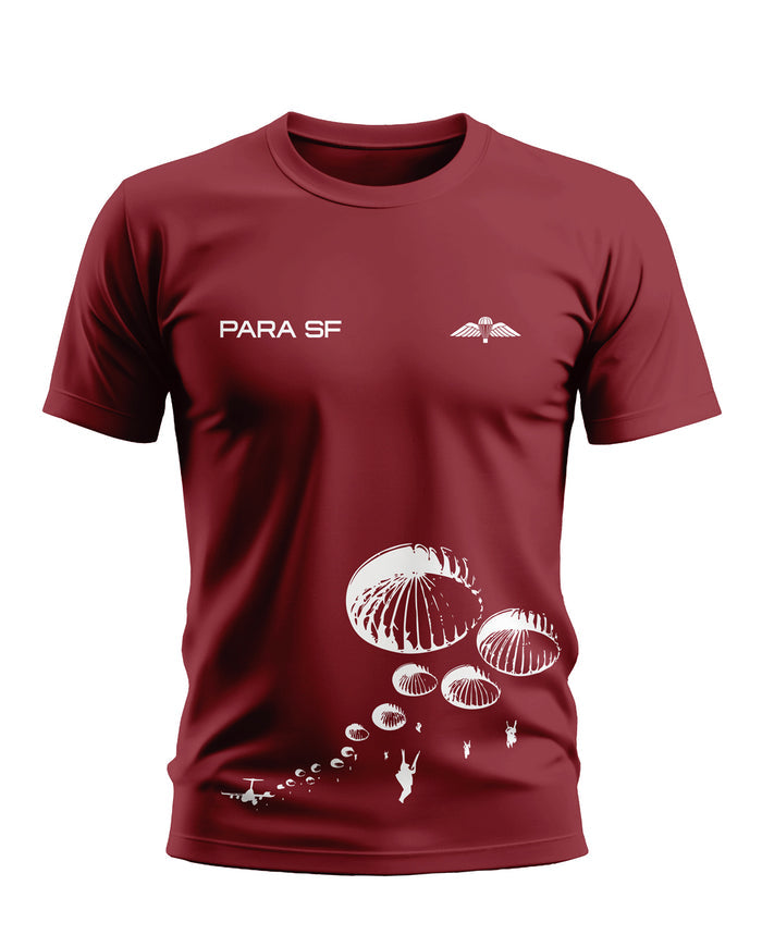 Maroon men's t-shirt with PARA SF text and white parachute graphic, army style