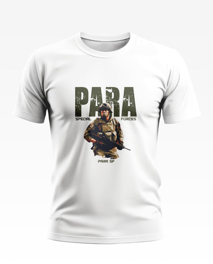 White men's t-shirt with PARA Special Forces graphic and soldier illustration, army style