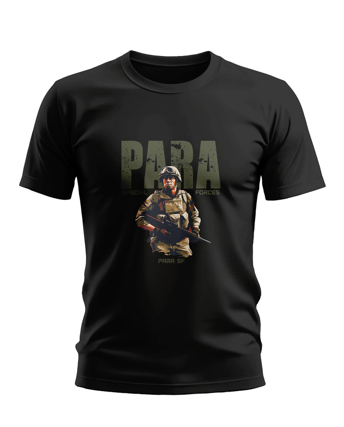 Black T-shirt featuring PARA Special Forces soldier graphic and military text print