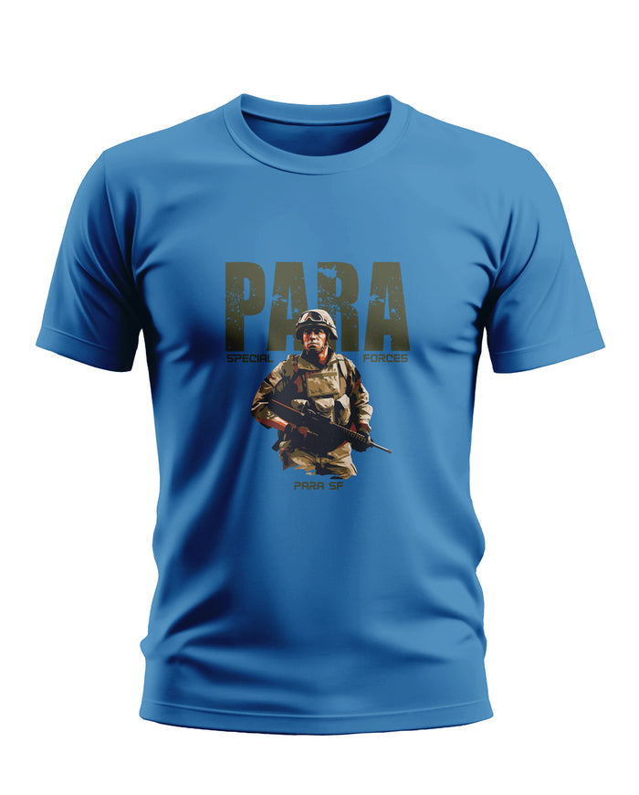 Blue men's t-shirt featuring PARA Special Forces soldier graphic and bold army-inspired design.