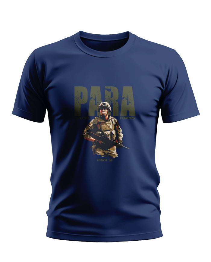 Navy blue t-shirt featuring a PARA Special Forces soldier graphic and military text design