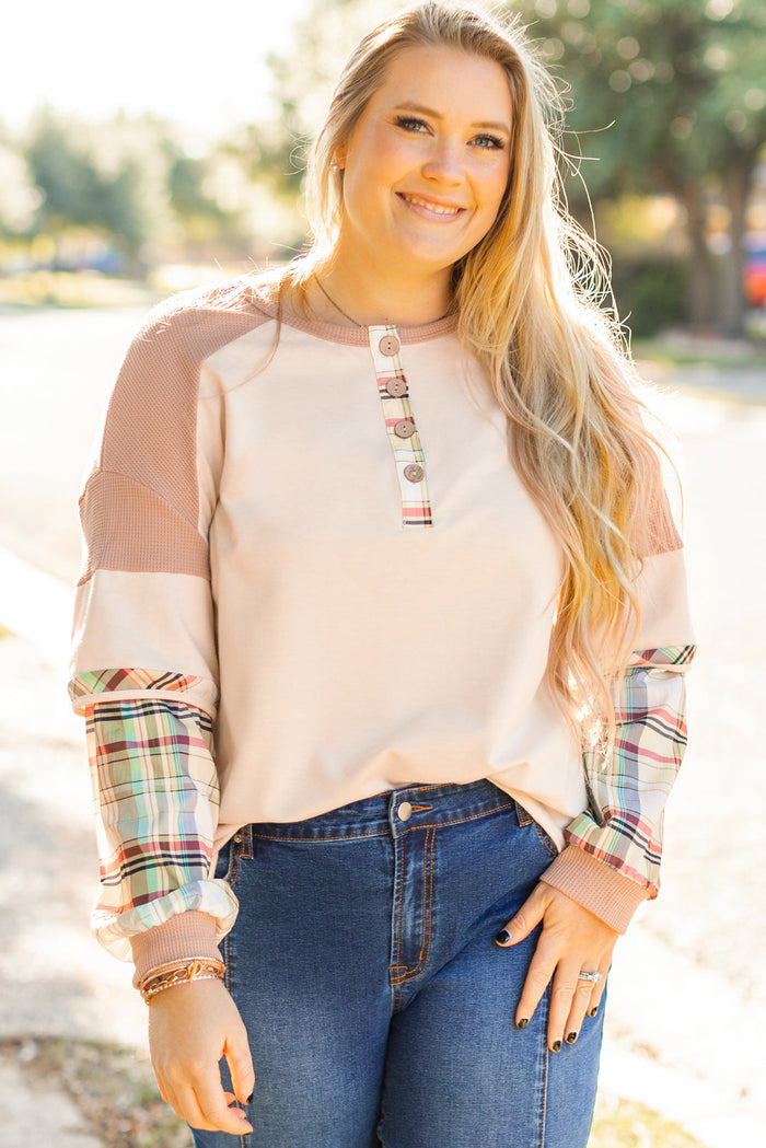Parchment Plus Size Plaid Patchwork Layered Henley Top - 1X / 85% Polyester + 10% Cotton + 5% Elastane - Size/Plus