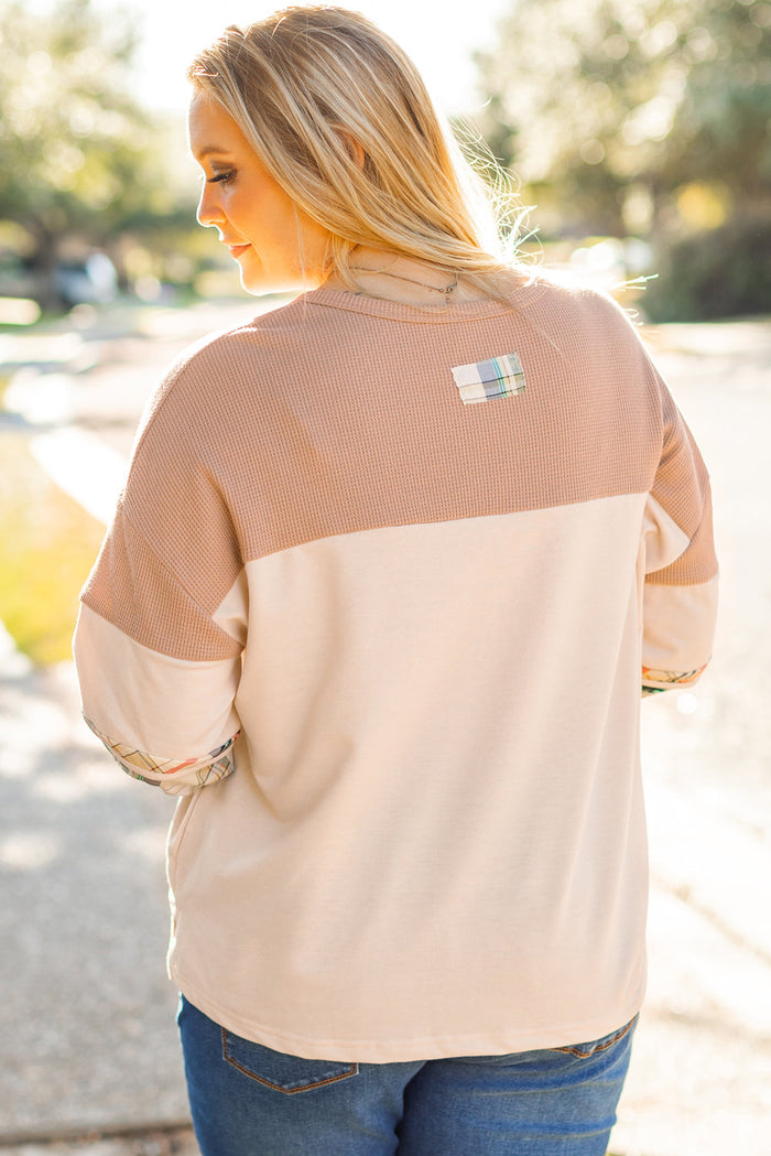 Parchment Plus Size Plaid Patchwork Layered Henley Top - Size/Plus Tops/Plus Long Sleeve Tops