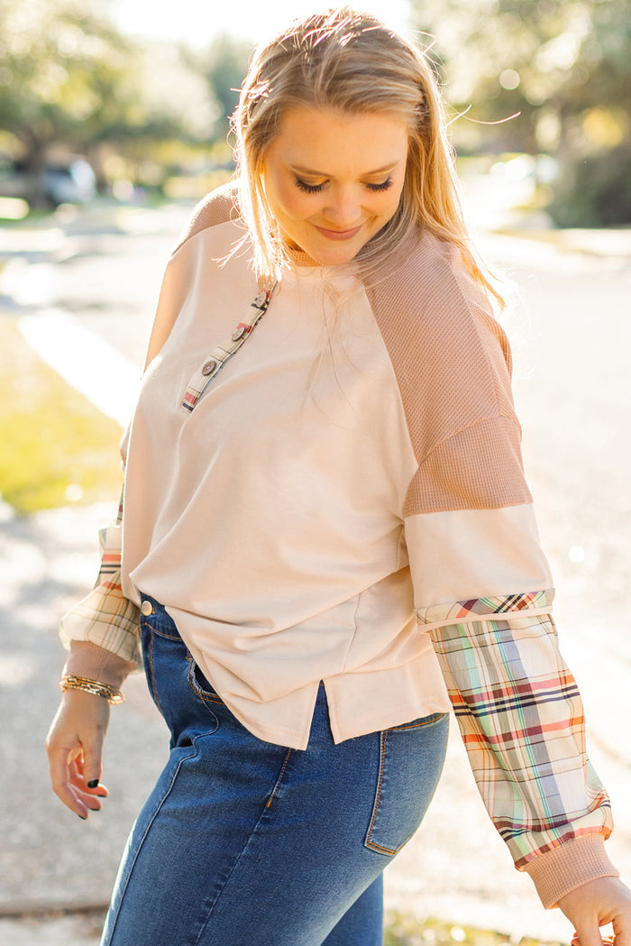 Parchment Plus Size Plaid Patchwork Layered Henley Top - Size/Plus Tops/Plus Long Sleeve Tops