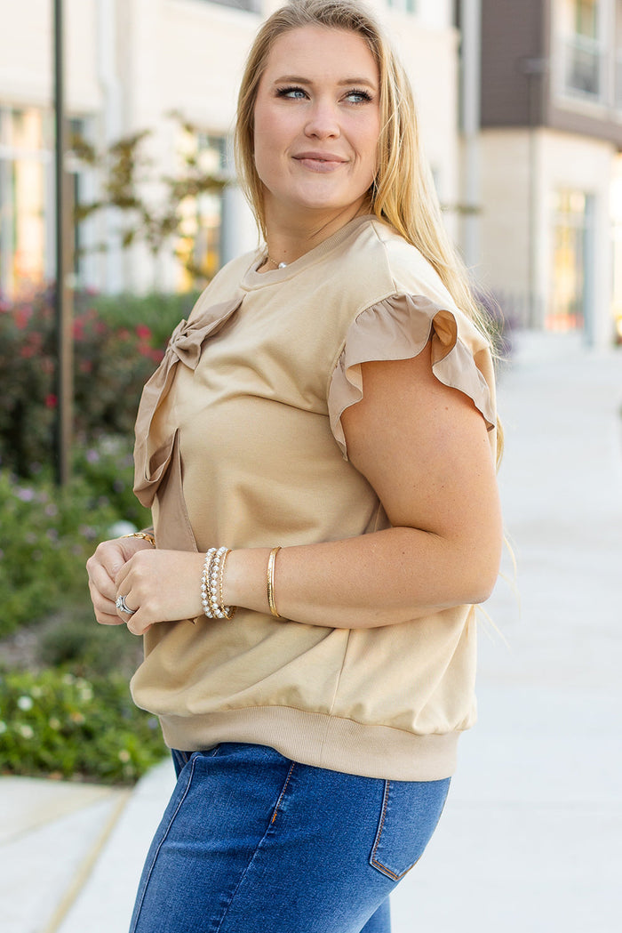 Parchment Ruffled Short Sleeve Bowknot Applique Crew Neck Plus Size Top - Size/Plus Tops/Plus Blouses & Shirts