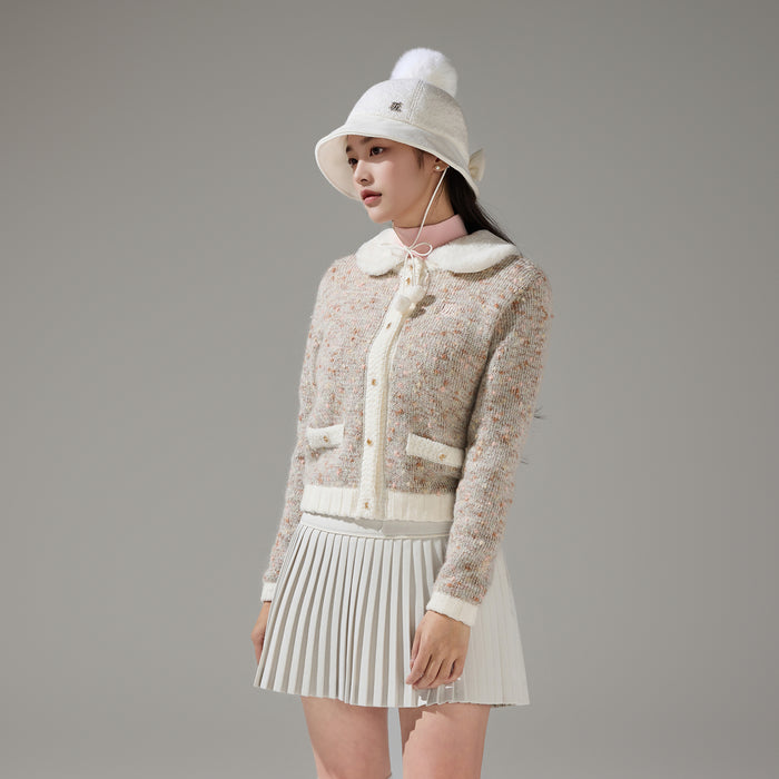 Pearl Logo Flared Pleats Skirt (Beige)