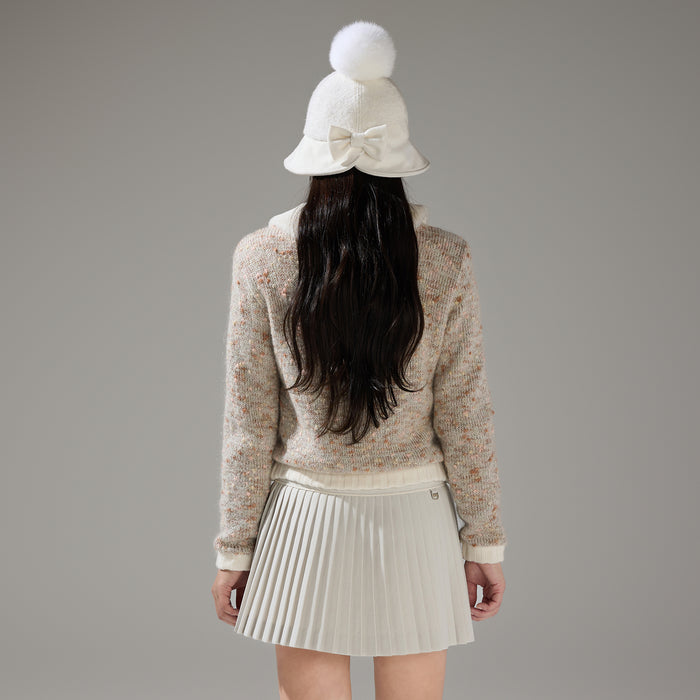 Pearl Logo Flared Pleats Skirt (Beige)
