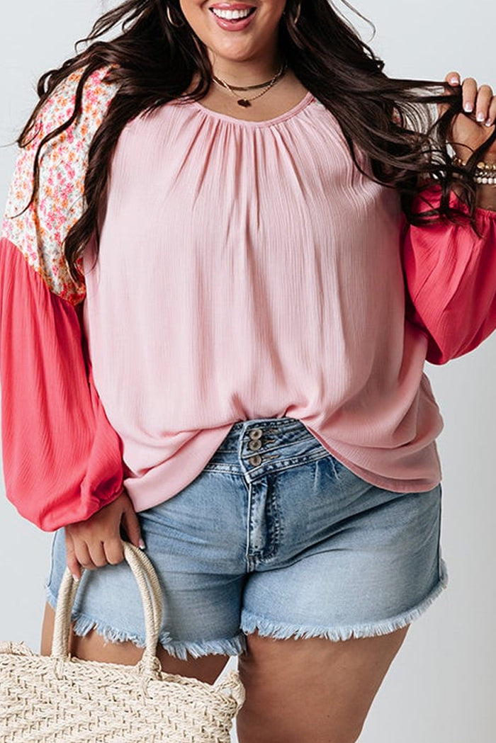 Pink Contrast Floral Patchwork Long Sleeve Plus Size Blouse - PINK / 1X / 100% POLYESTER - Size/Plus Tops/Plus Blouses