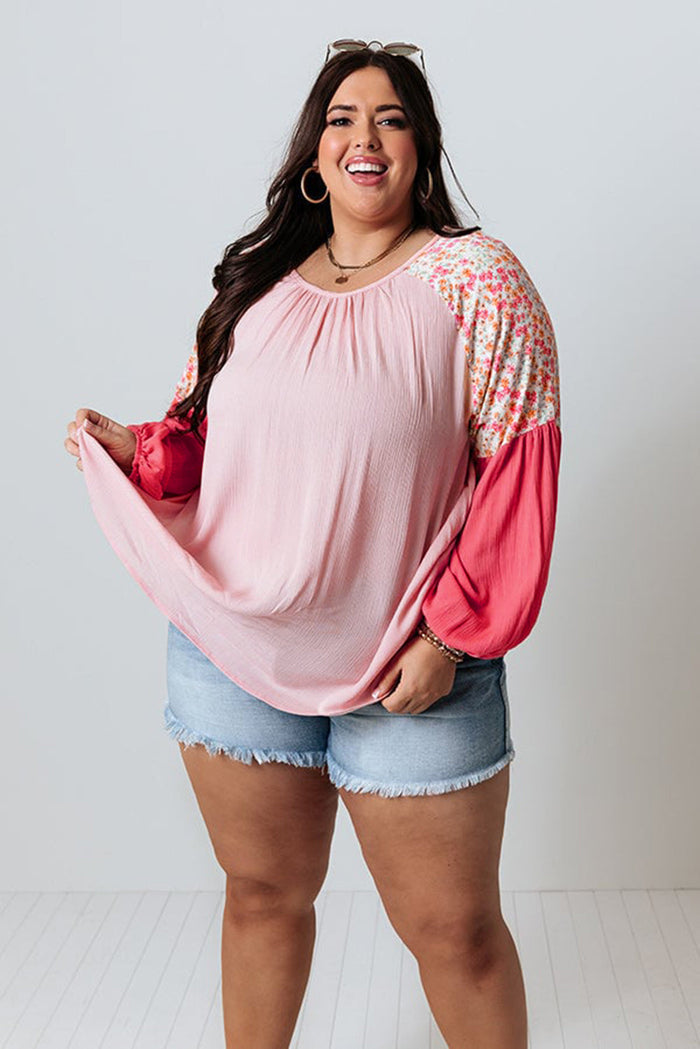 Pink Contrast Floral Patchwork Long Sleeve Plus Size Blouse - Size/Plus Tops/Plus Blouses & Shirts