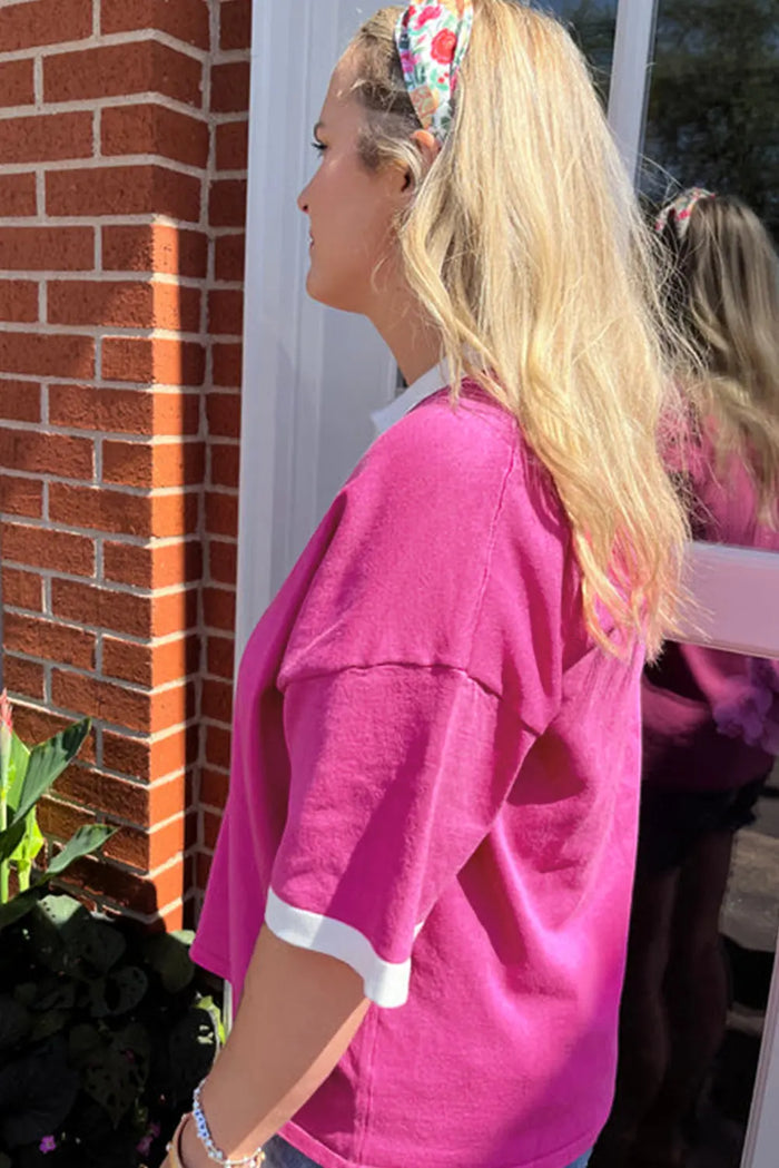 Pink Contrast Trim Collared Split Neck Short Sleeve Plus Size Top - Size/Plus Tops/Plus Tops & Tees