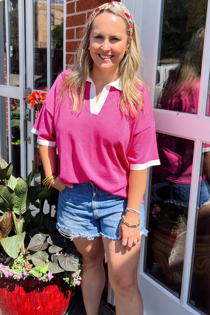 Pink Contrast Trim Collared Split Neck Short Sleeve Plus Size Top - Size/Plus Tops/Plus Tops & Tees