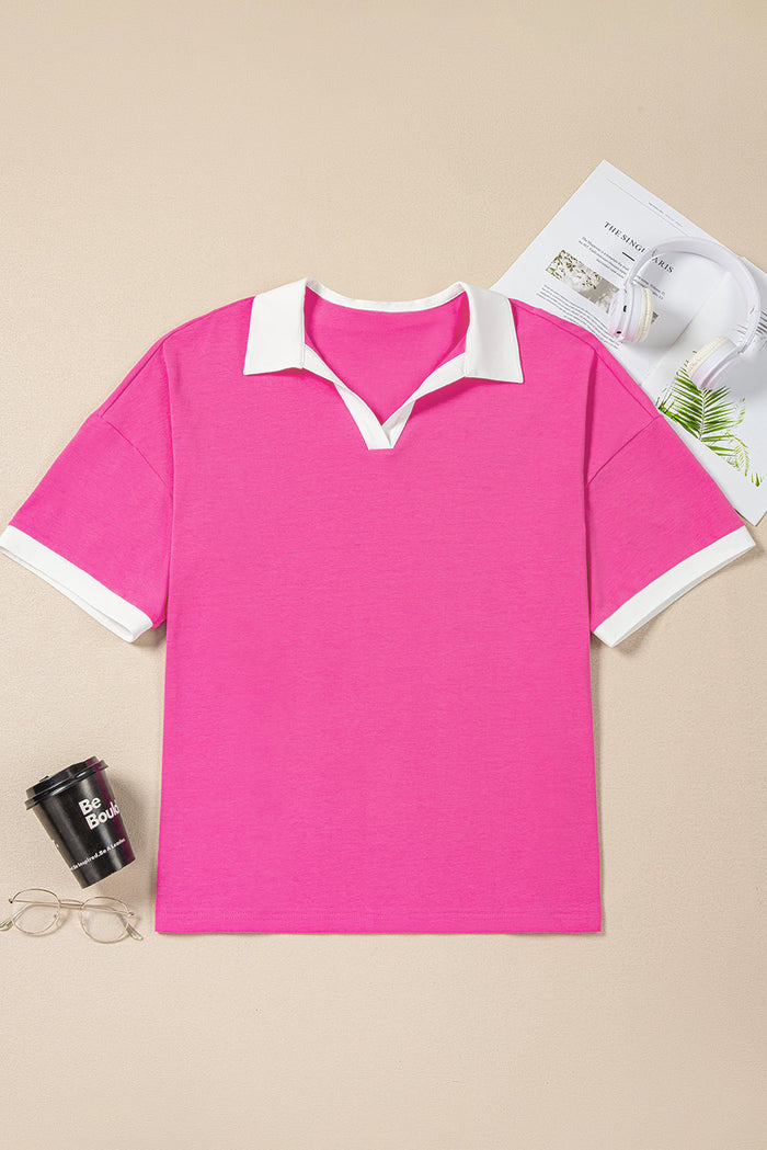 Pink Contrast Trim Collared Split Neck Short Sleeve Plus Size Top - Size/Plus Tops/Plus Tops & Tees