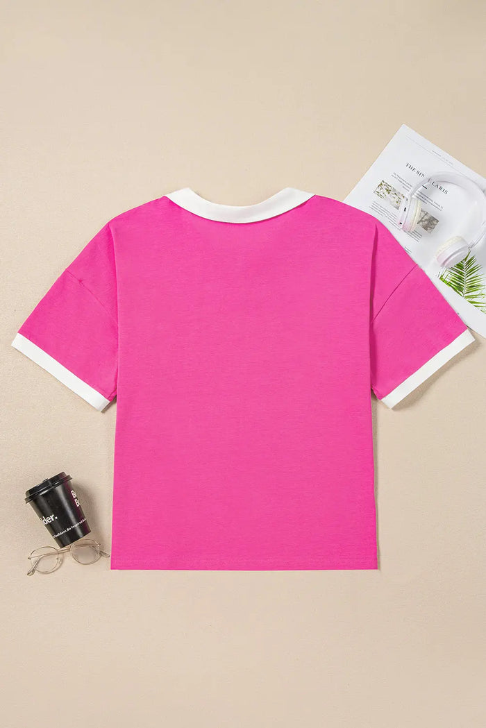 Pink Contrast Trim Collared Split Neck Short Sleeve Plus Size Top - Size/Plus Tops/Plus Tops & Tees