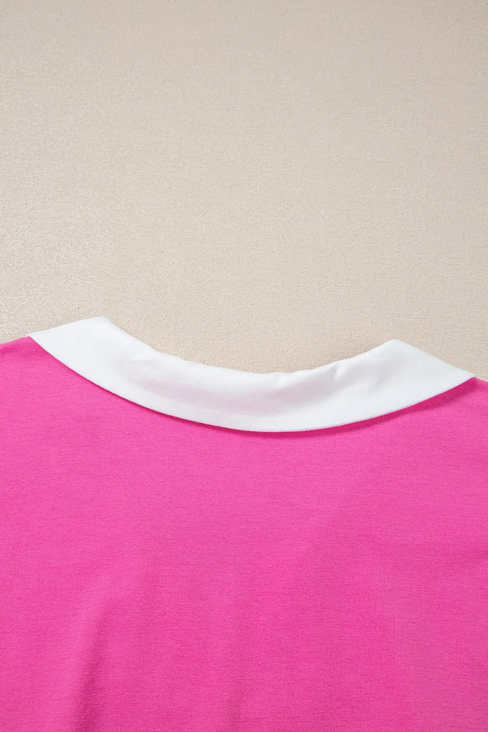 Pink Contrast Trim Collared Split Neck Short Sleeve Plus Size Top - Size/Plus Tops/Plus Tops & Tees