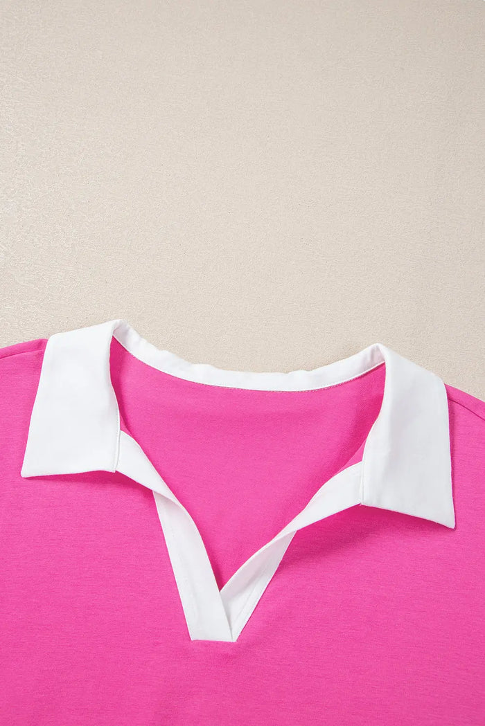 Pink Contrast Trim Collared Split Neck Short Sleeve Plus Size Top - Size/Plus Tops/Plus Tops & Tees