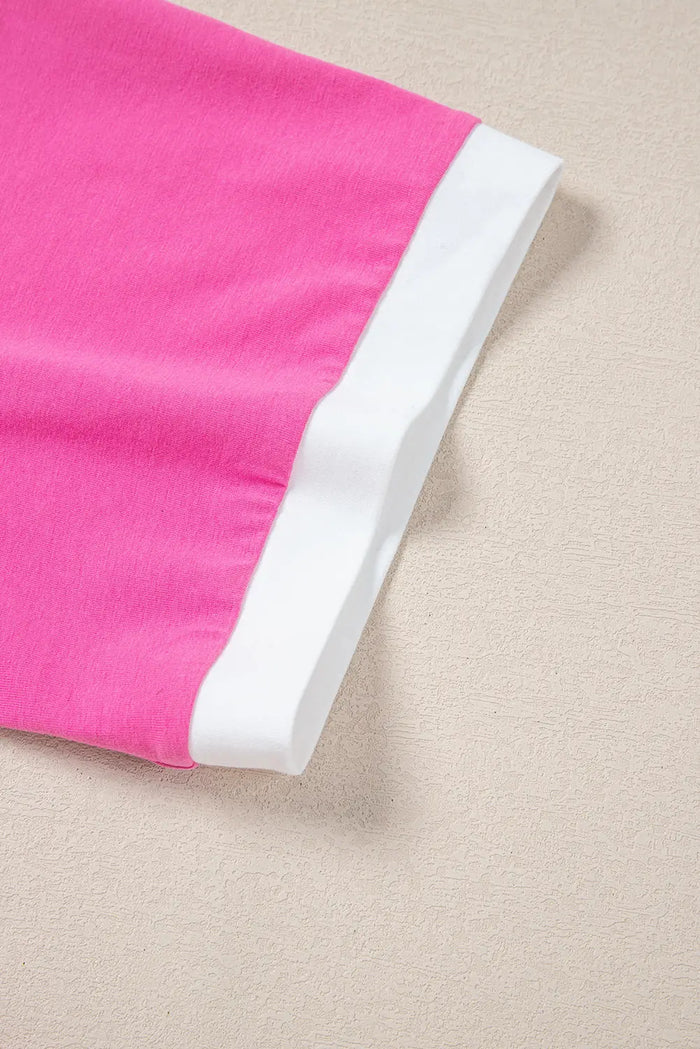 Pink Contrast Trim Collared Split Neck Short Sleeve Plus Size Top - Size/Plus Tops/Plus Tops & Tees