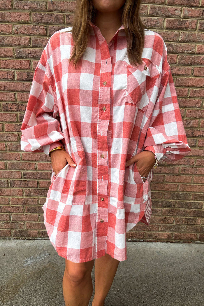 Pink Oversized Plaid Puff Sleeve Round Hem Shirt Dress - PINK / S / 100% COTTON - Dresses/Mini Dresses