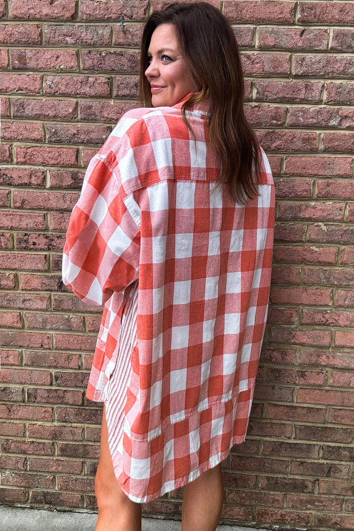 Pink Oversized Plaid Puff Sleeve Round Hem Shirt Dress - Dresses/Mini Dresses