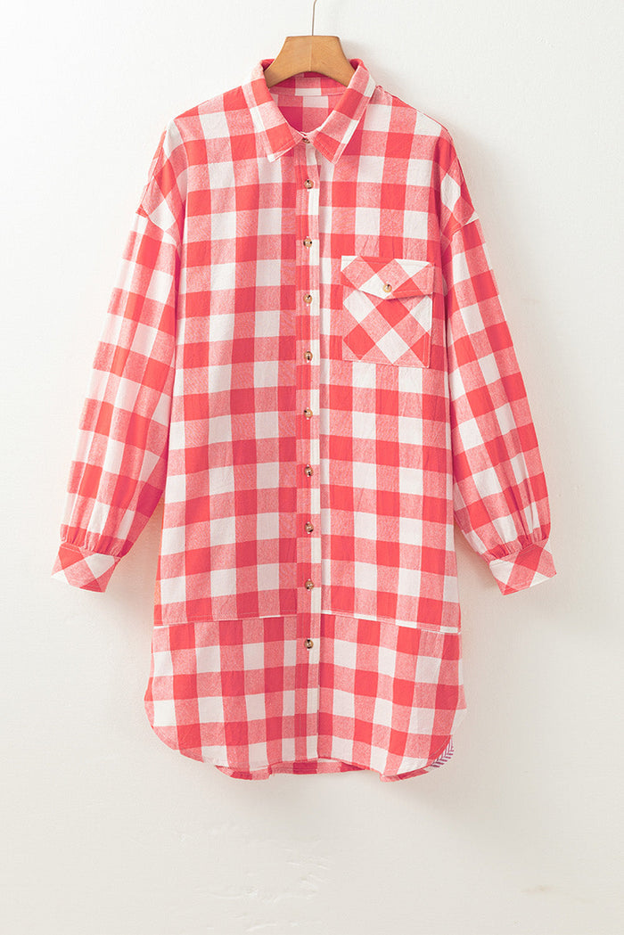 Pink Oversized Plaid Puff Sleeve Round Hem Shirt Dress - Dresses/Mini Dresses