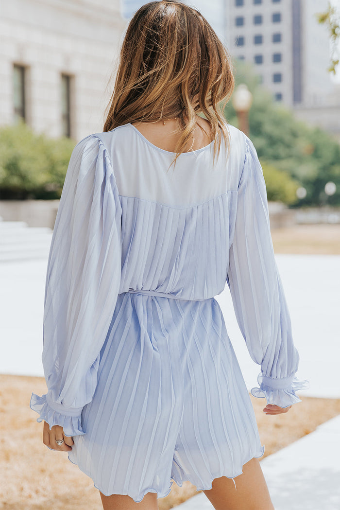 Pink Pleated Ruffled Tie Waist Buttons V Neck Romper - Bottoms/Jumpsuits & Rompers