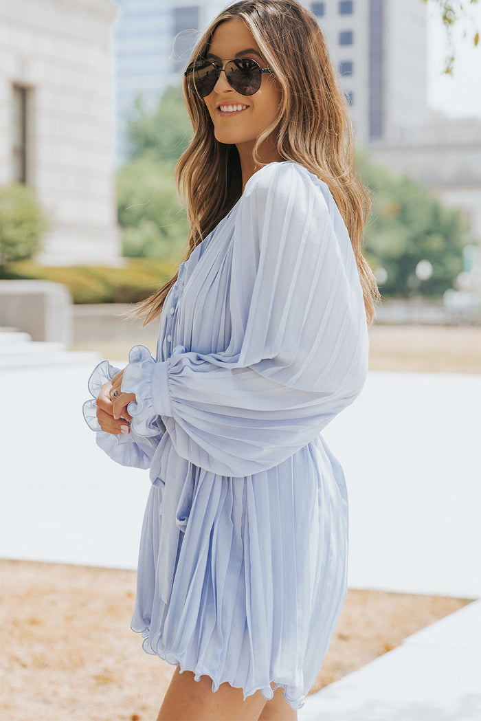 Pink Pleated Ruffled Tie Waist Buttons V Neck Romper - Bottoms/Jumpsuits & Rompers