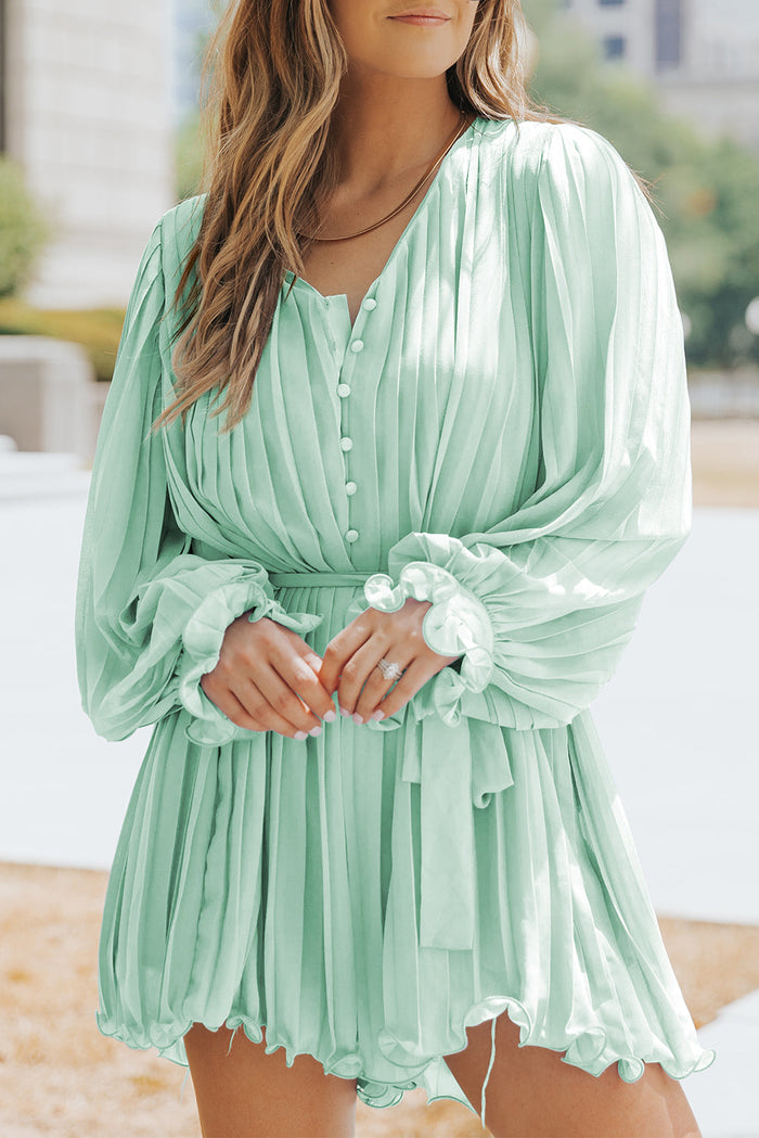 Pink Pleated Ruffled Tie Waist Buttons V Neck Romper - GREEN / S / 100% POLYESTER - Bottoms/Jumpsuits & Rompers