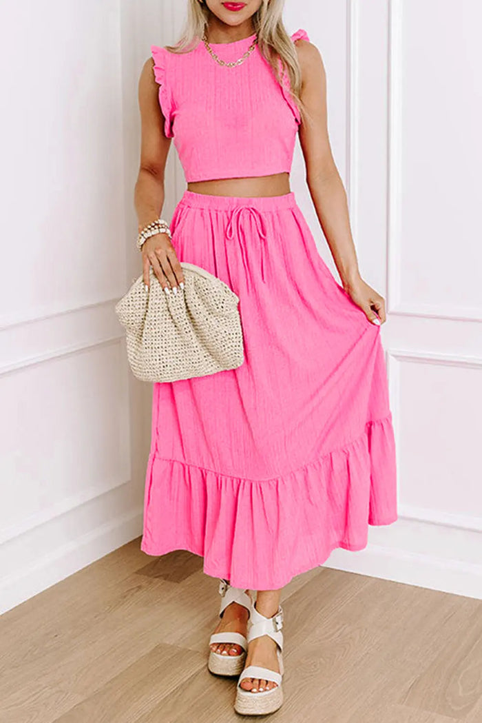 Pink Textured Ruffle Trim Crop Vest Lace-up Long Skirt Set Co-ord - Two Piece Sets/Two Dresses