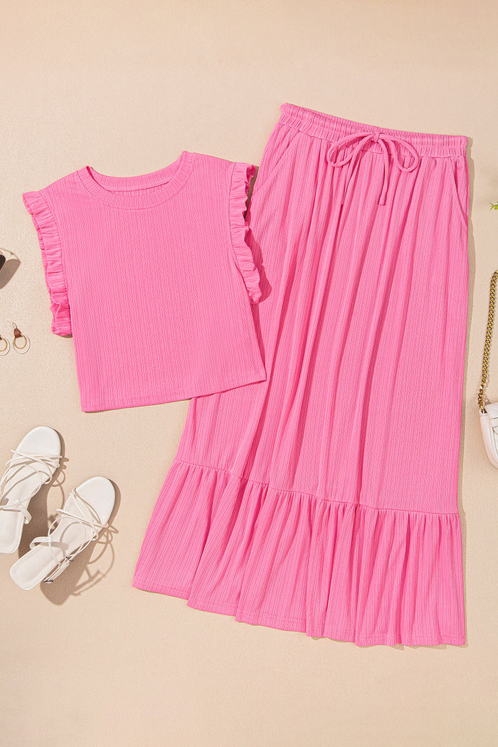 Pink Textured Ruffle Trim Crop Vest Lace-up Long Skirt Set Co-ord - Two Piece Sets/Two Dresses