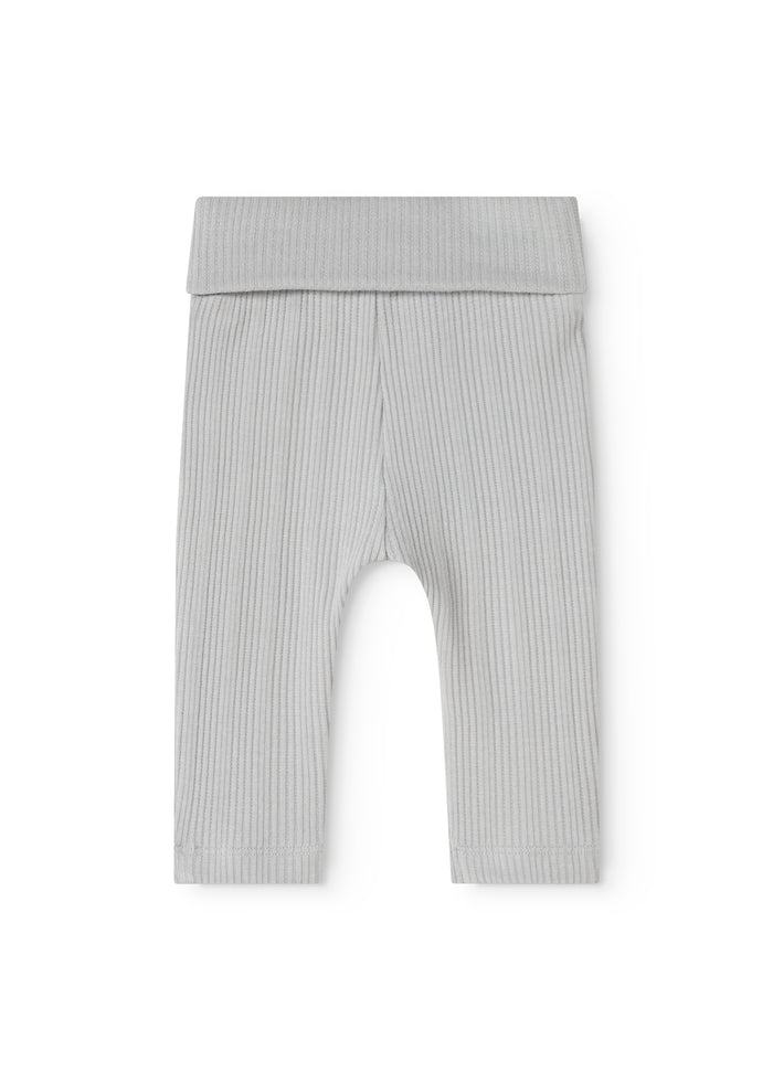 Light gray pants with a rib pattern and wide elastic at the waist.