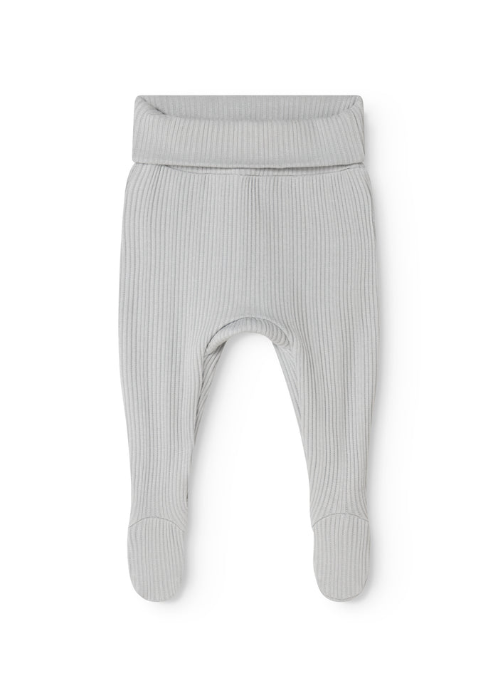 Rib‑stitched baby pants with elastic waist and ribbed cuffs at the leg ends.