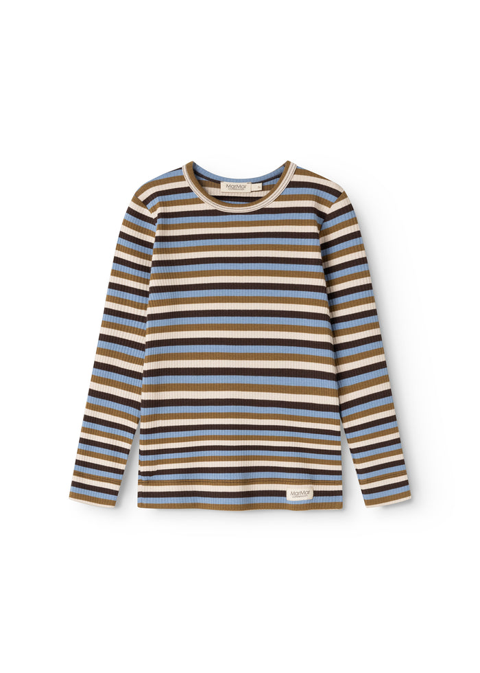 Marine striped T‑shirt with navy stripes and beige trim at the collar and cuffs.