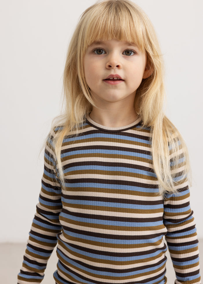 Striped T‑shirt with horizontal stripes in blue, brown and beige for children