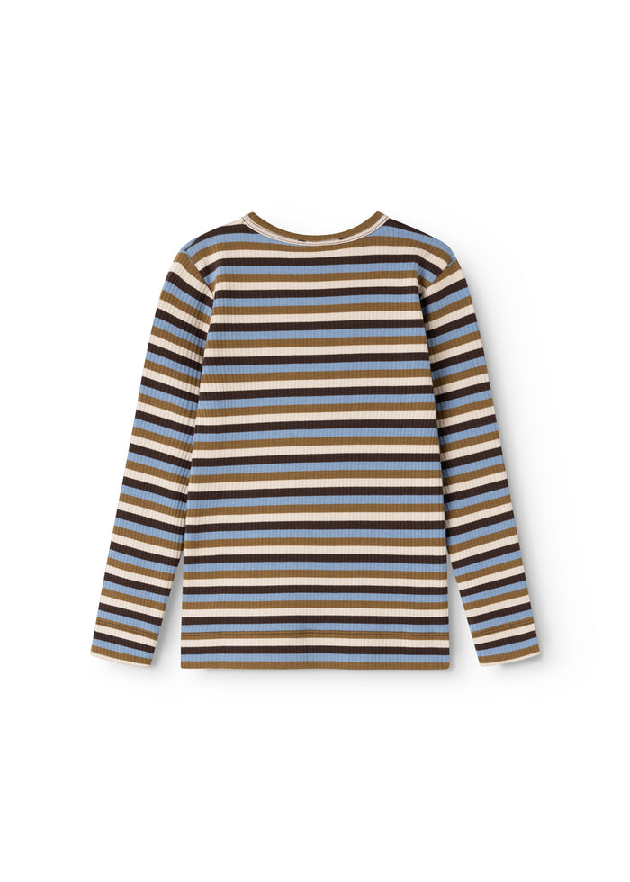 Long-sleeve T-shirt with horizontal stripes in dark brown, blue and beige