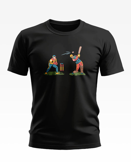 Black T-shirt with colorful cricket player graphic, batsman and wicketkeeper design