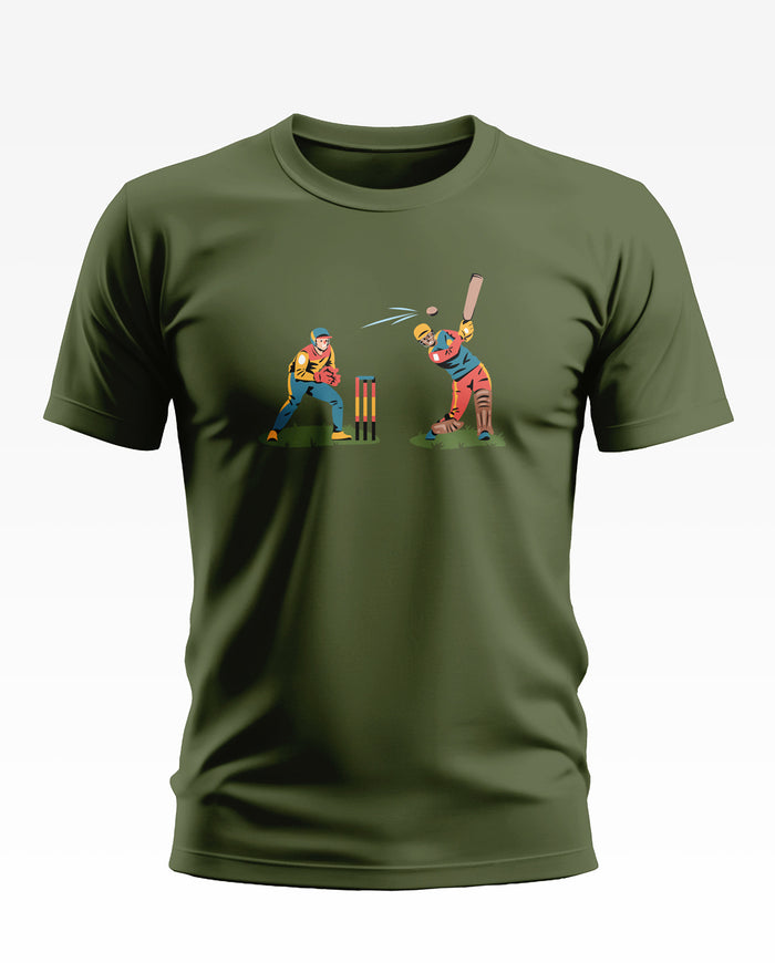 Olive green men's t-shirt with colorful cricket players graphic on the front