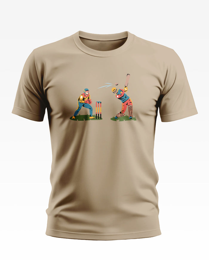Beige men's T-shirt with colorful cricket player graphic print, casual streetwear style.