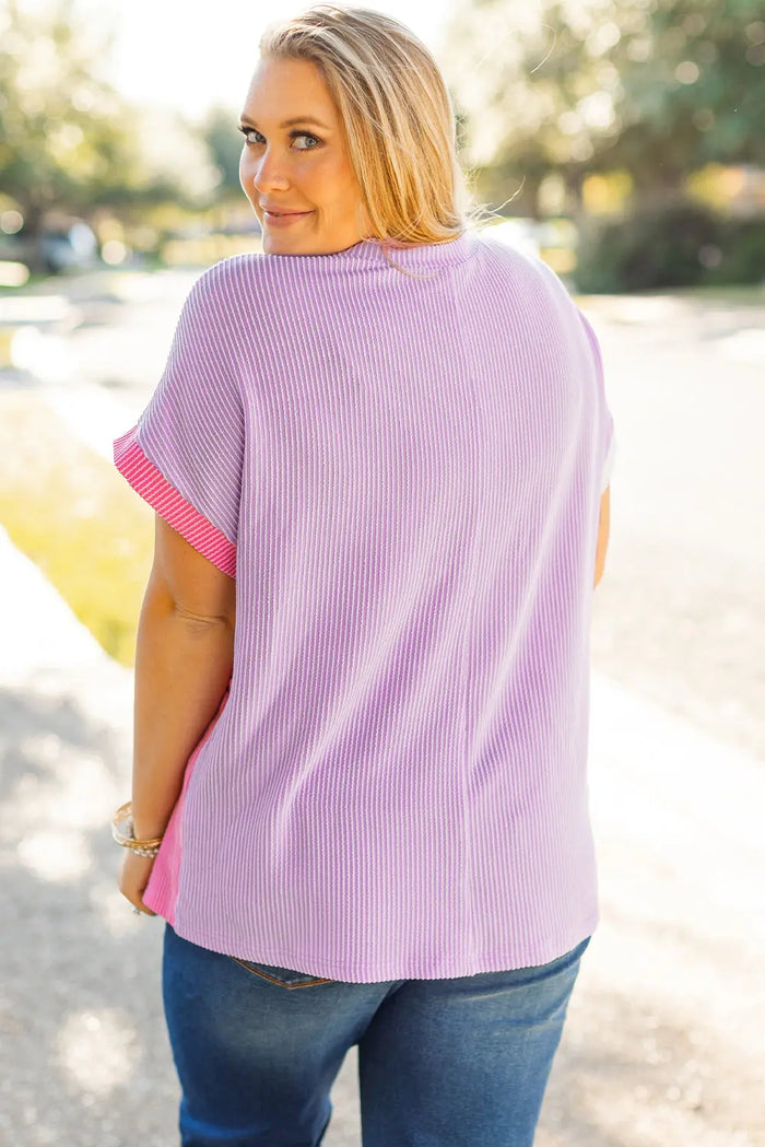 Rose Red Leopard Colourblock Patchwork Ribbed Knit Plus Size T Shirt - Size/Plus Tops/Plus Tops & Tees