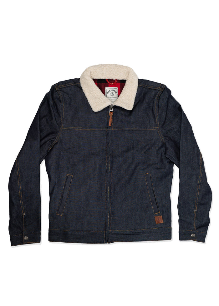 Denim jacket with shearling collar, front zipper, and pockets. Label inside. Classic style, dark wash. Warm and stylish.