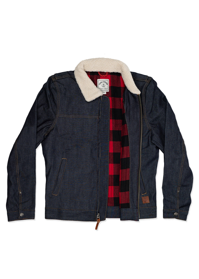 Denim jacket with a sherpa collar and red plaid lining, partially unzipped to reveal interior. Two front pockets, casual style.