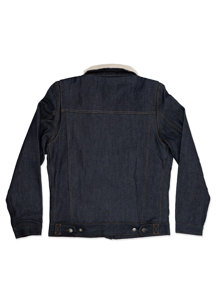 Dark denim jacket with a shearling collar, shown from the back, highlighting its simple design and stitching details.