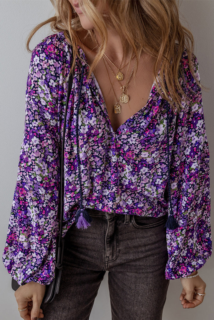 Purple Boho Flower Split V Neck Bubble Sleeve Blouse - S / 100% Polyester - Tops/Blouses & Shirts