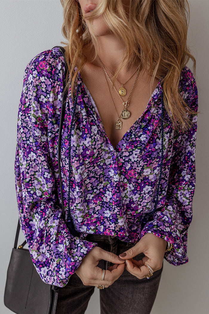 Purple Boho Flower Split V Neck Bubble Sleeve Blouse - Tops/Blouses & Shirts