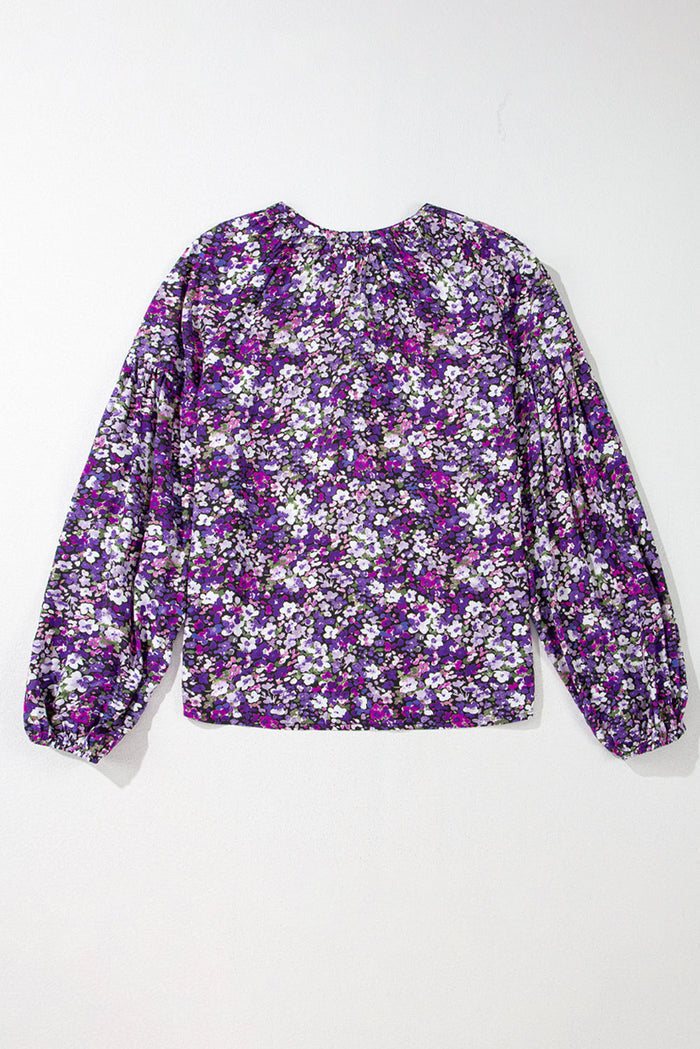 Purple Boho Flower Split V Neck Bubble Sleeve Blouse - Tops/Blouses & Shirts