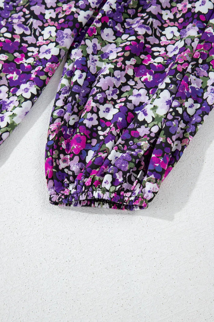 Purple Boho Flower Split V Neck Bubble Sleeve Blouse - Tops/Blouses & Shirts