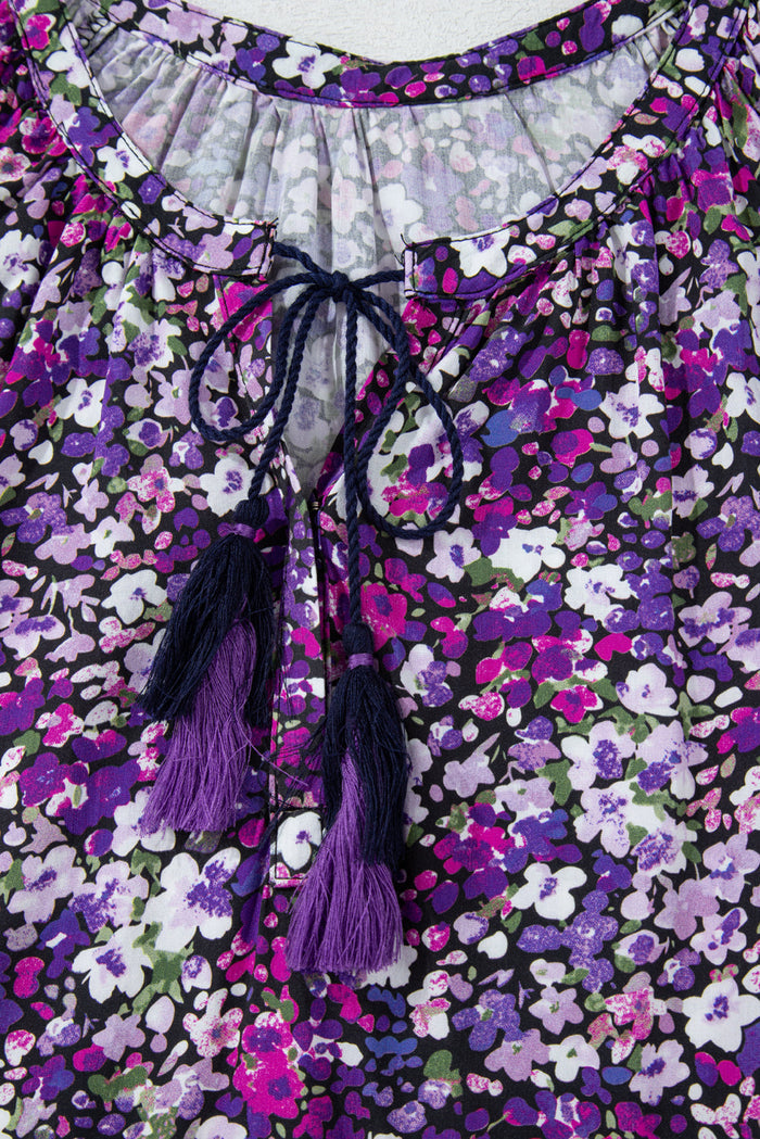 Purple Boho Flower Split V Neck Bubble Sleeve Blouse - Tops/Blouses & Shirts