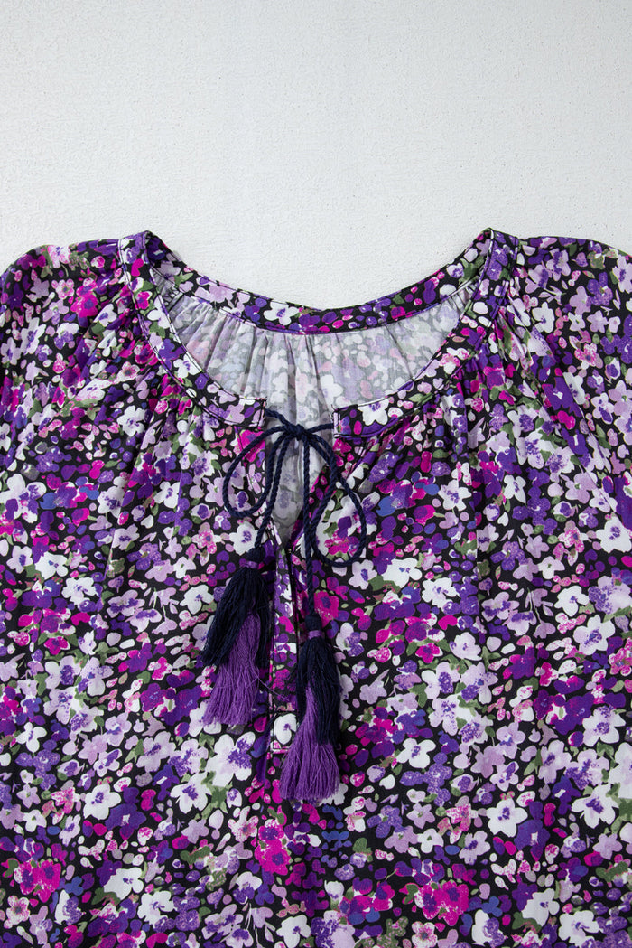 Purple Boho Flower Split V Neck Bubble Sleeve Blouse - Tops/Blouses & Shirts