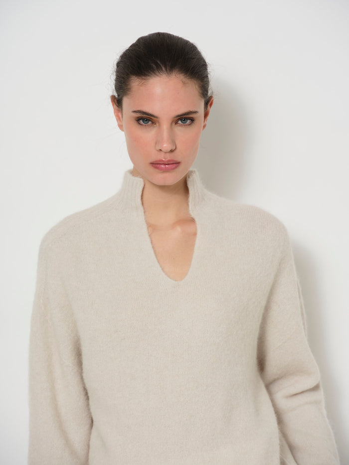 Raised V-Neck Alpaca Sweater