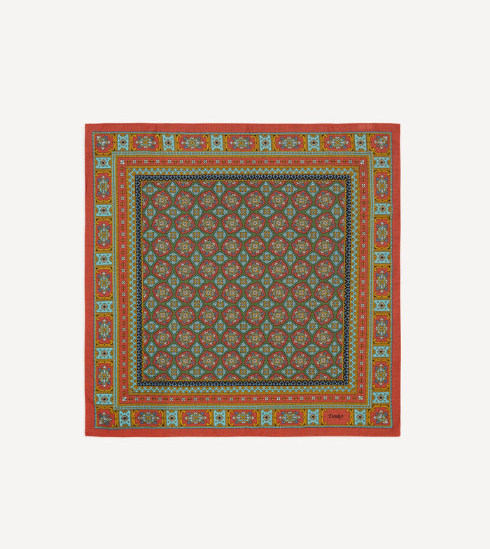 Red, Blue and Gold Floral Medallion Print Wool-Silk Bandana