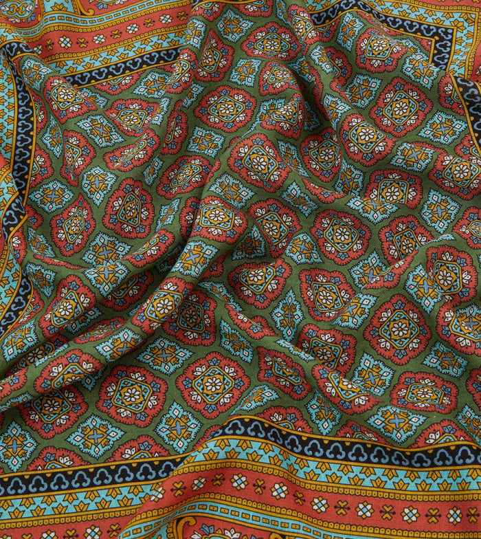 Red, Blue and Gold Floral Medallion Print Wool-Silk Bandana