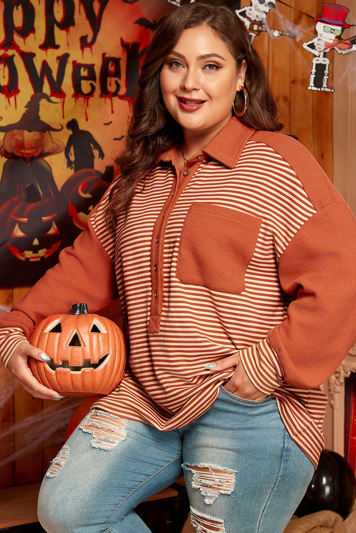 Red Stripe Textured Patched Drop Shoulder Buttoned Plus Size Sweatshirt - Size/Plus Sweatshirts & Hoodies
